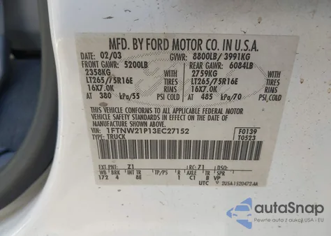 2003 Ford F-250 Lariat/Xl/Xlt z USA, uszkodzony, nr VIN 1FTNW21P13EC27152